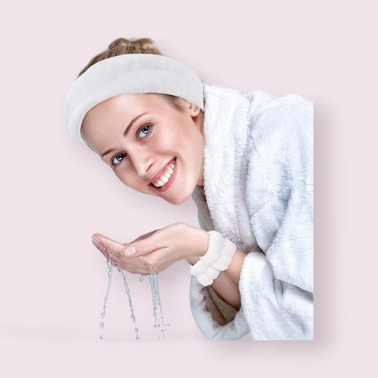 girl washing her face wearing the headband and wristband set