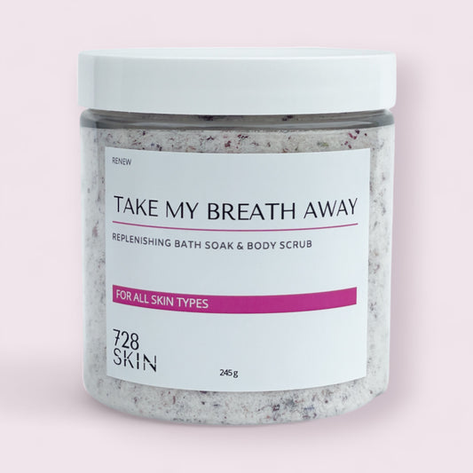 jar of take my breath away replenishing bath soak and body scrub